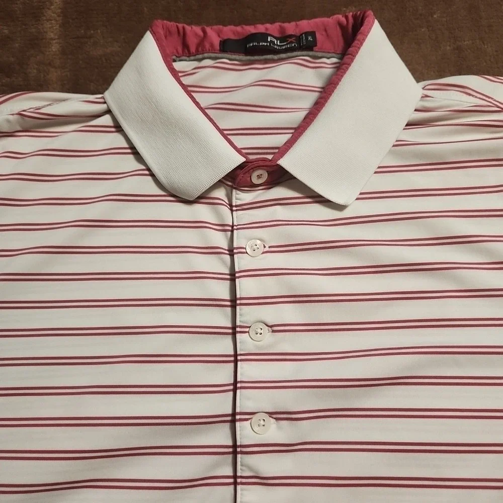Ralph Lauren RLX Polo Shirt Mens XL Pink White Stripe Golf Stretchy